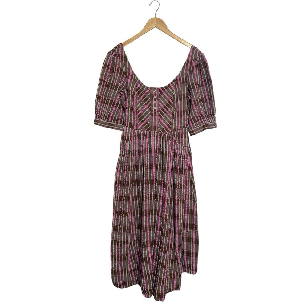 Free People Plaid Pink Brown Midi Dress Seersucker Scoop Neck Flowy A-Line Small